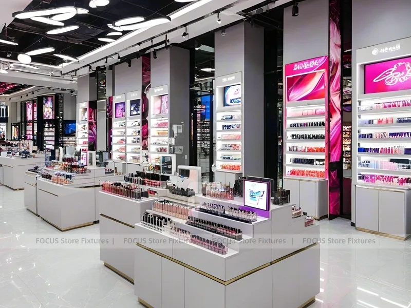 Gray Pink Cosmetics Shop with Wall Shelving