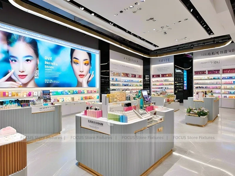 Gray Pink Cosmetics Shop with Wall Shelving