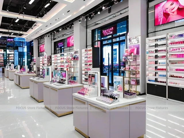 Gray Pink Cosmetics Shop with Wall Shelving