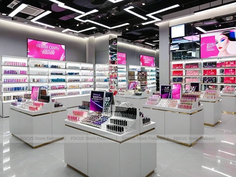 Gray Pink Cosmetics Shop with Wall Shelving