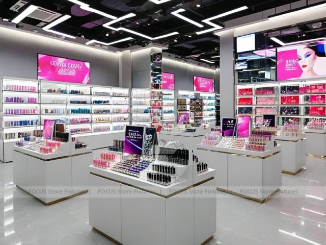 Gray Pink Cosmetics Shop with Wall Shelving