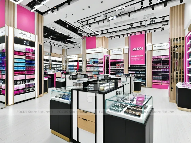 Gray Pink Cosmetics Shop with Wall Shelving