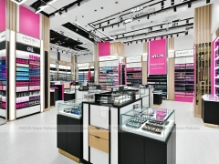 Gray Pink Cosmetics Shop with Wall Shelving