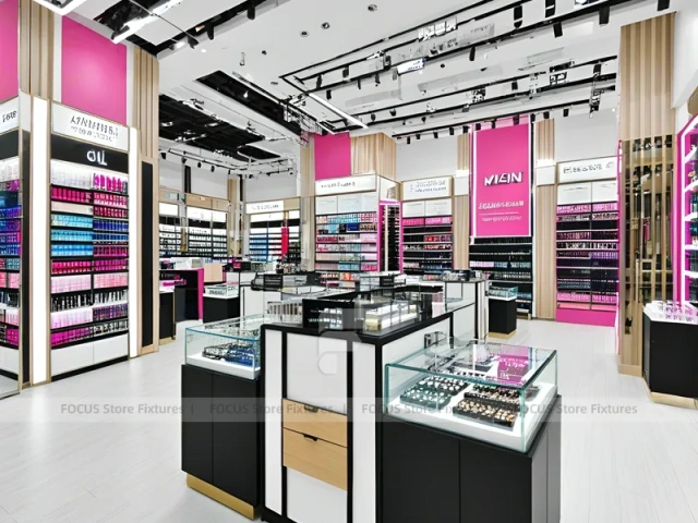 Gray Pink Cosmetics Shop with Wall Shelving