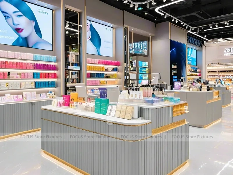 Gray Ribbed Beauty Counter with Illuminated Shelves