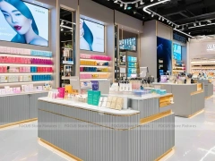 Gray Ribbed Beauty Counter with Illuminated Shelves