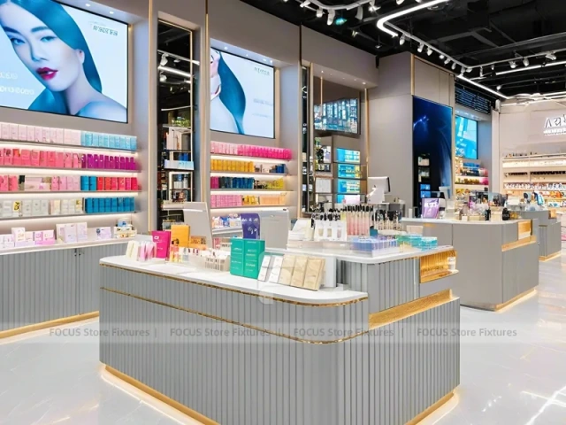 Gray Ribbed Beauty Counter with Illuminated Shelves