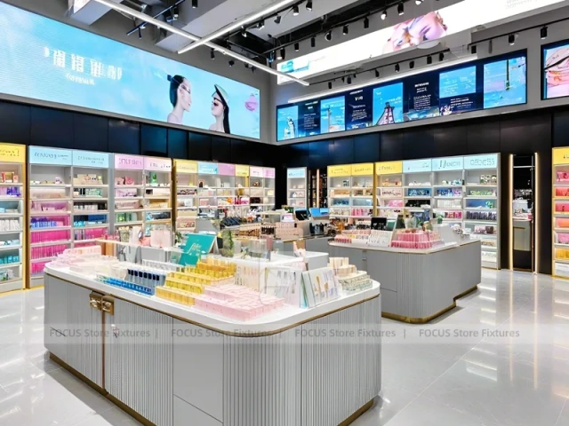 Gray Ribbed Beauty Counter with Illuminated Shelves