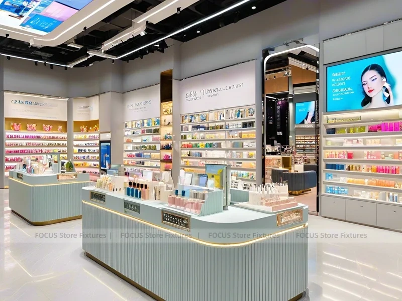Gray Ribbed Beauty Counter with Illuminated Shelves