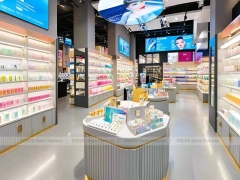 Gray Ribbed Beauty Counter with Illuminated Shelves