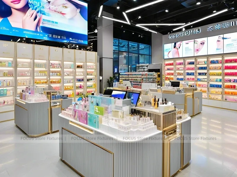 Gray Ribbed Beauty Counter with Illuminated Shelves