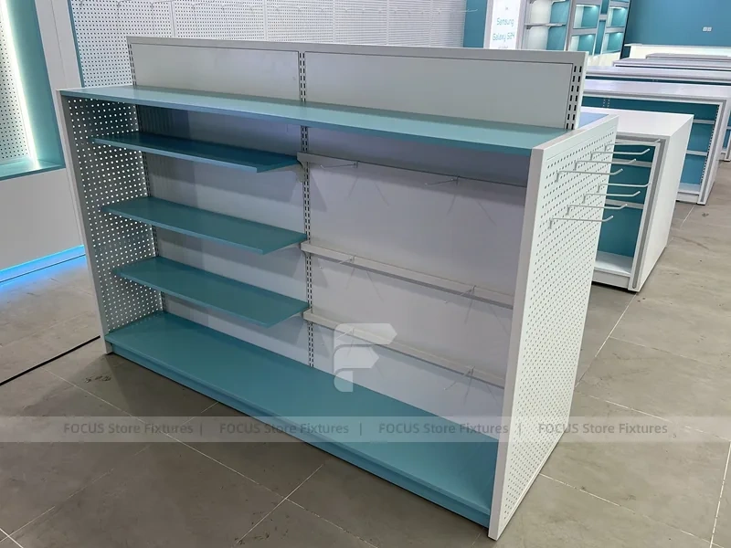 Gray Turquoise Gondola Phone Display Shelving
