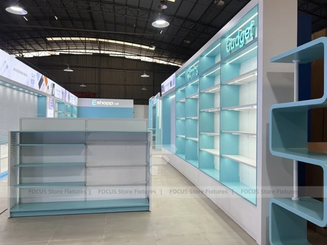 Gray Turquoise Gondola Phone Display Shelving