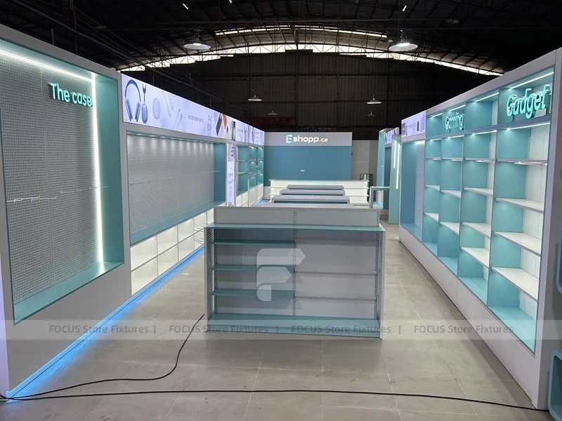 Gray Turquoise Gondola Phone Display Shelving