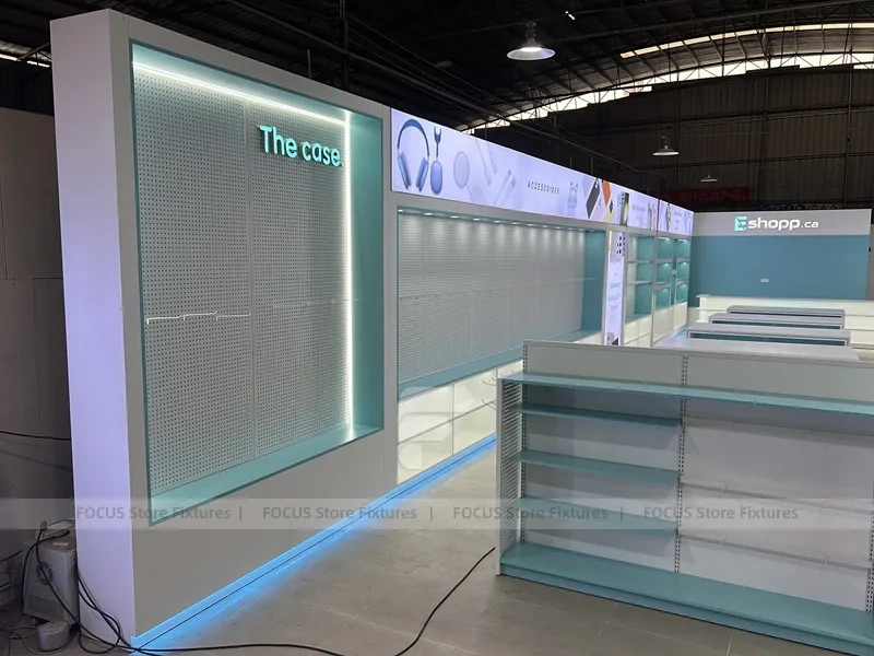 Gray Turquoise Gondola Phone Display Shelving