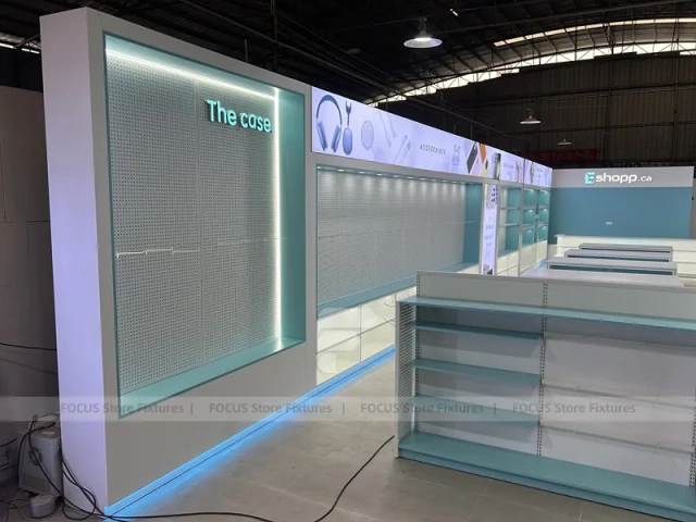 Gray Turquoise Gondola Phone Display Shelving