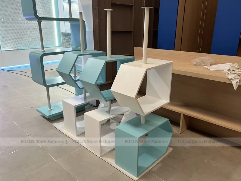 Gray Turquoise Gondola Phone Display Shelving