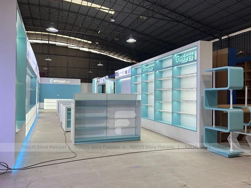 Gray Turquoise Gondola Phone Display Shelving