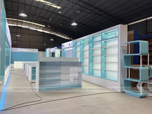 Gray Turquoise Gondola Phone Display Shelving