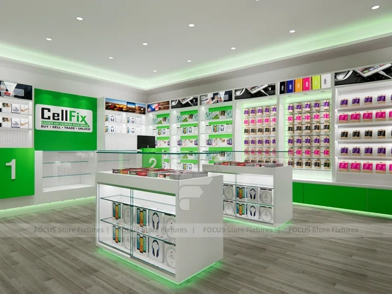 Green White Cellfix Mobile Phone Store Interior