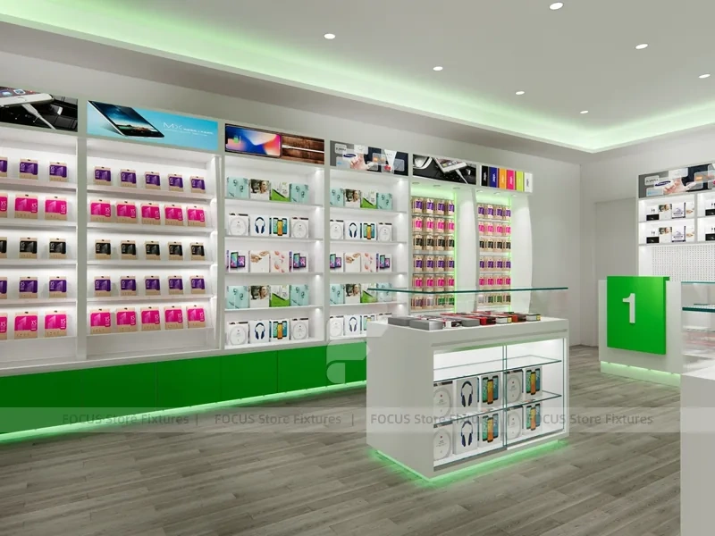 Green White Cellfix Mobile Phone Store Interior