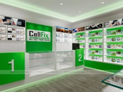 Green White Cellfix Mobile Phone Store Interior