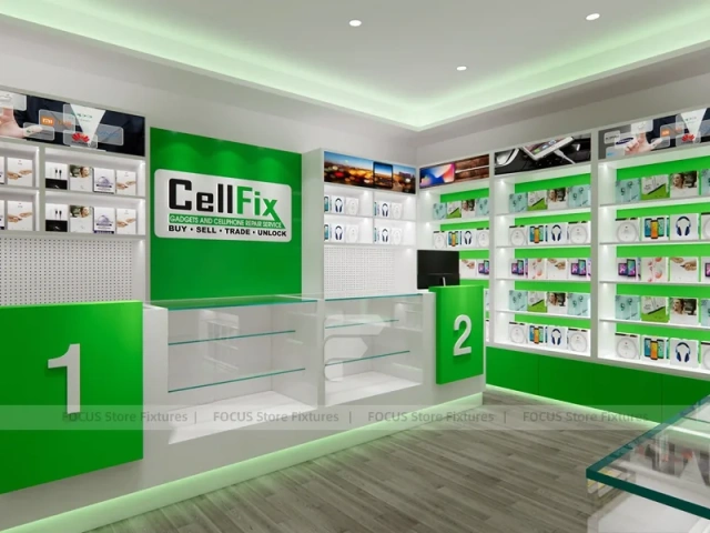 Green White Cellfix Mobile Phone Store Interior