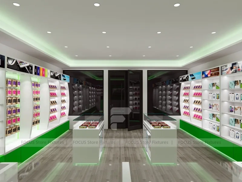 Green White Cellfix Mobile Phone Store Interior