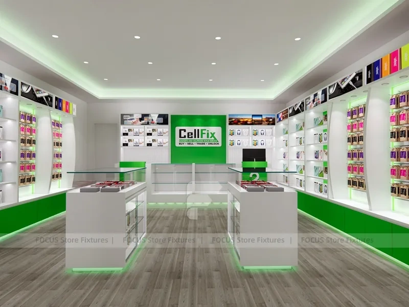 Green White Cellfix Mobile Phone Store Interior