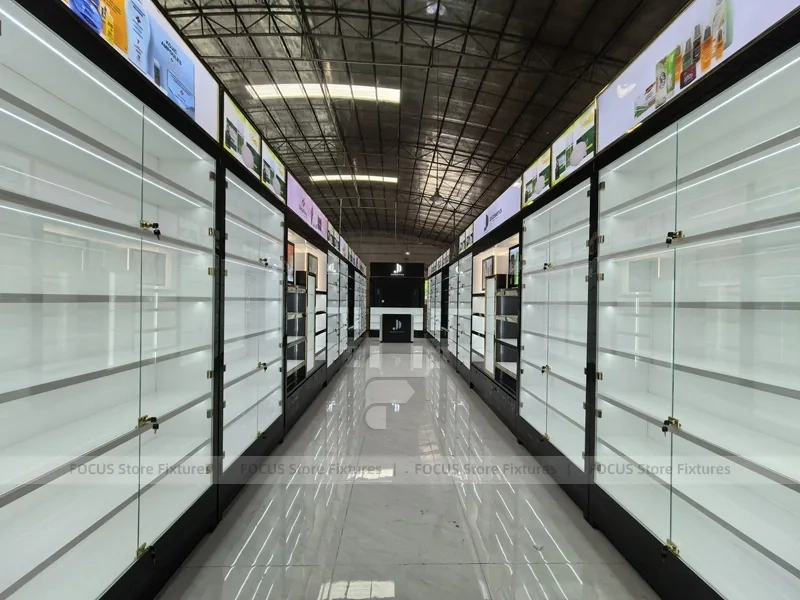 Long Black White Cosmetics Wall Shelving Aisle