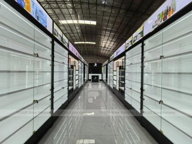 Long Black White Cosmetics Wall Shelving Aisle