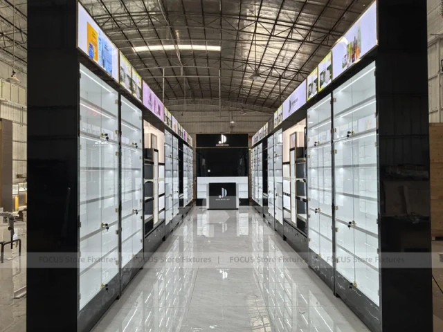 Long Black White Cosmetics Wall Shelving Aisle
