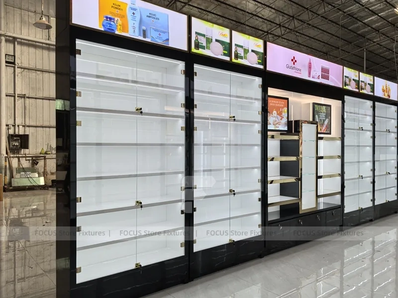 Long Black White Cosmetics Wall Shelving Aisle