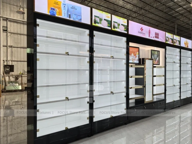 Long Black White Cosmetics Wall Shelving Aisle