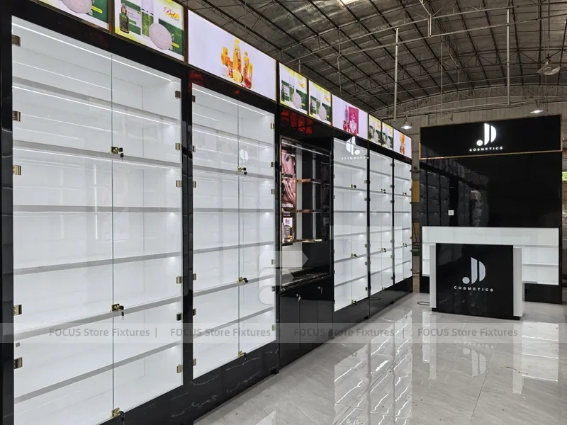 Long Black White Cosmetics Wall Shelving Aisle
