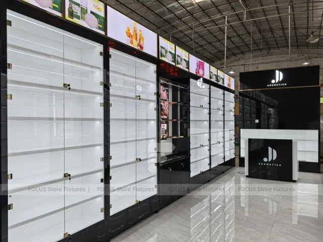 Long Black White Cosmetics Wall Shelving Aisle