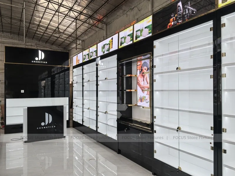 Long Black White Cosmetics Wall Shelving Aisle