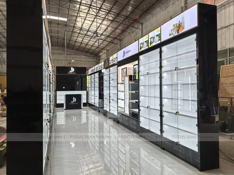 Long Black White Cosmetics Wall Shelving Aisle