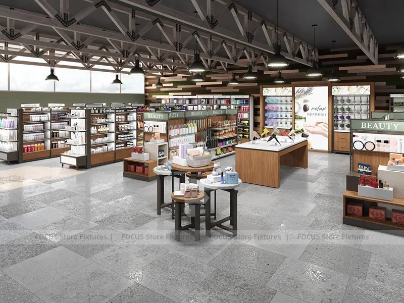 Open Cosmetics Store Layout with Wood Counters