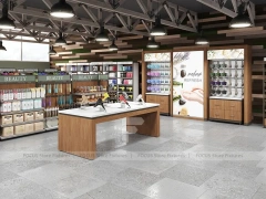 Open Cosmetics Store Layout with Wood Counters