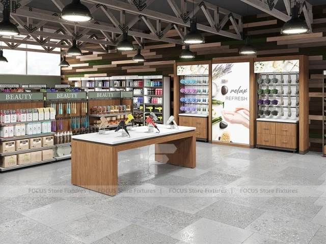 Open Cosmetics Store Layout with Wood Counters