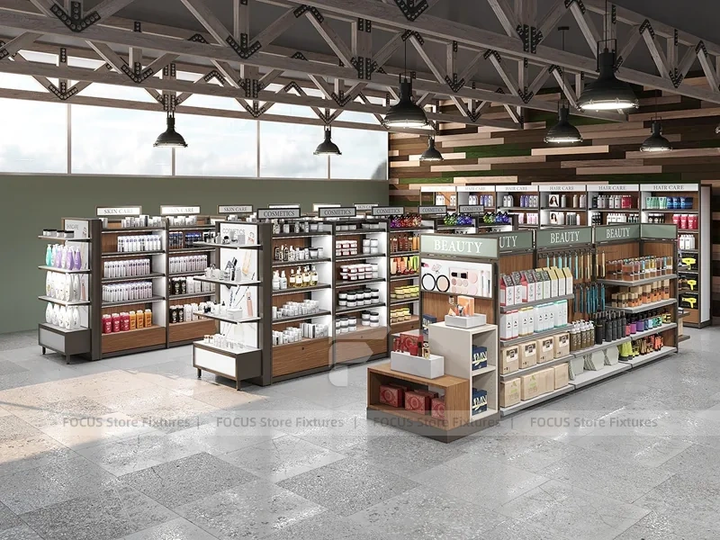 Open Cosmetics Store Layout with Wood Counters