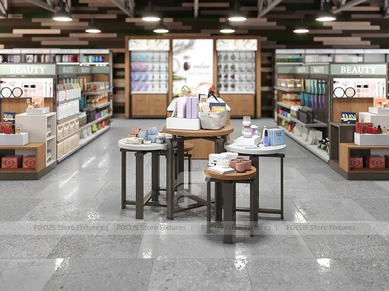 Open Cosmetics Store Layout with Wood Counters