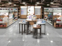 Open Cosmetics Store Layout with Wood Counters