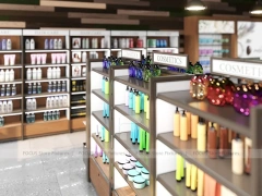 Open Cosmetics Store Layout with Wood Counters