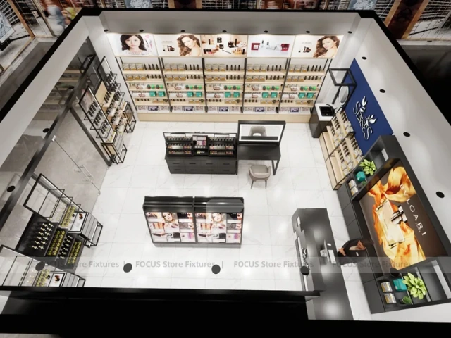 Overhead Beauty Store Floor Layout with Blue Display Wall