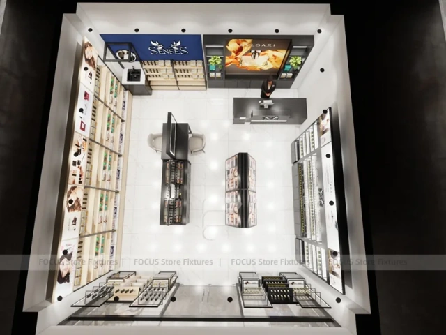Overhead Beauty Store Floor Layout with Blue Display Wall
