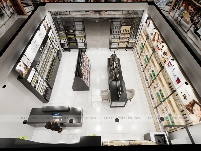 Overhead Beauty Store Floor Layout with Blue Display Wall
