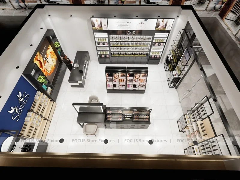 Overhead Beauty Store Floor Layout with Blue Display Wall