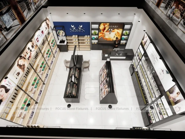 Overhead Beauty Store Floor Layout with Blue Display Wall